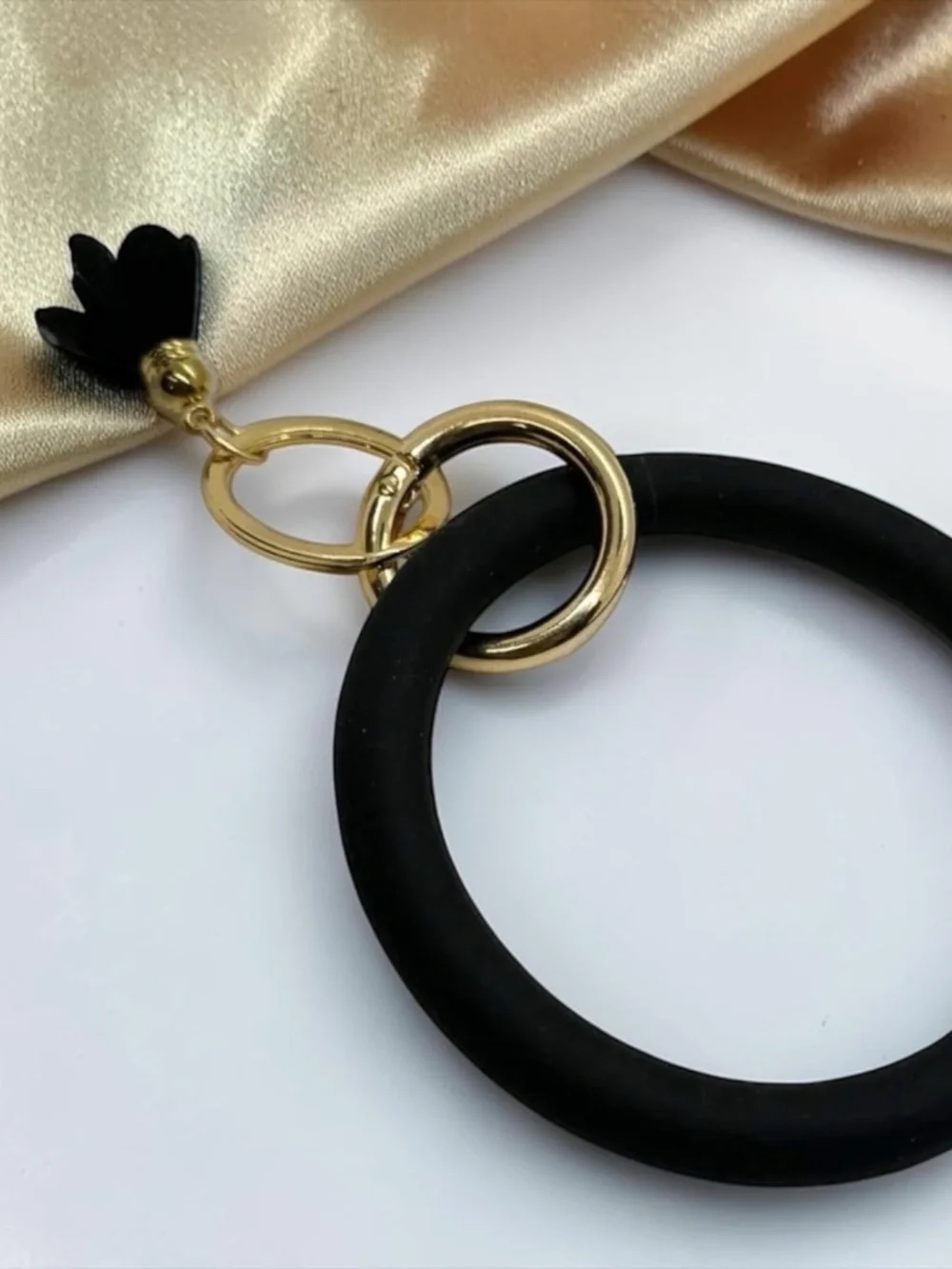 Black Silicone Bangle Keychain Bracelet Gold Tassel Wristlet NEW